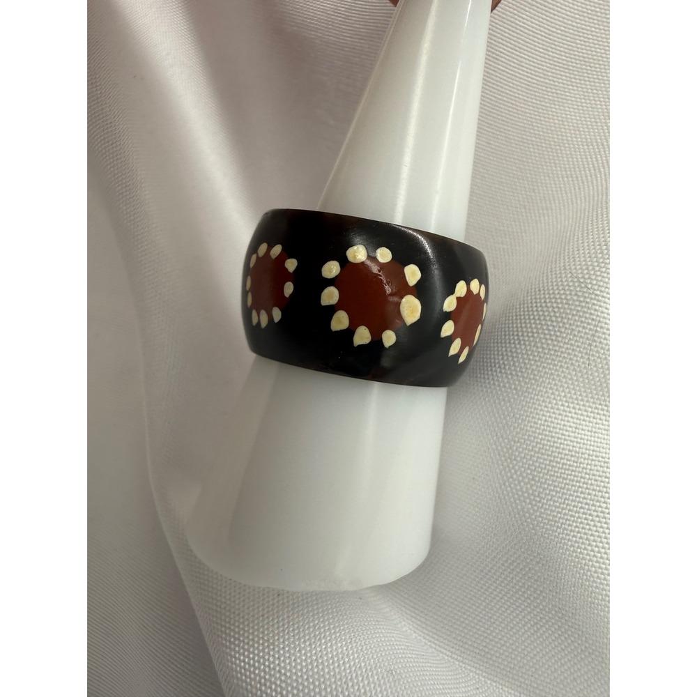 Vintage Chunky Resin‎ Dome Ring Brown  Cream Polka Dot Sunflower Statement Sz 9